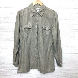 Chico's Women's khaki Tan Metallic Linen Shirt Button Front Long Sleeves Medium